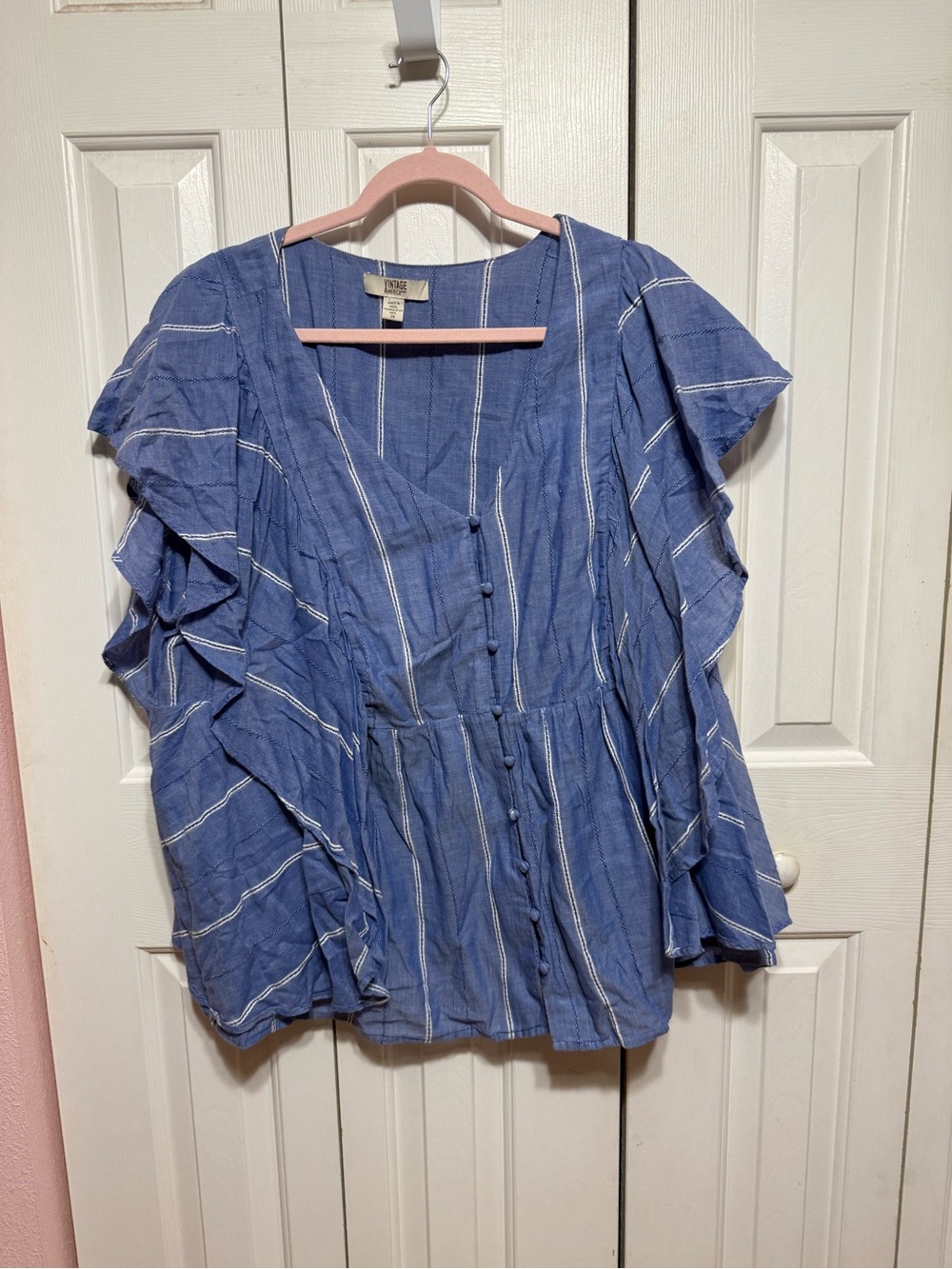 Vintage America Blue Striped Flutter Sleeve Blouse